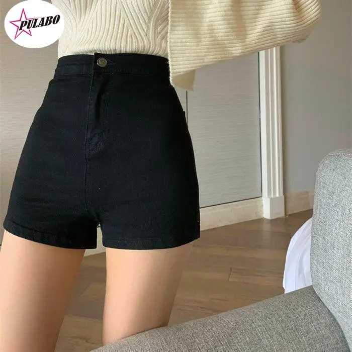 

PULABO PERITANG Women's Black Goth Pants Shorts High Waist Spring Autumn Fashion Tight Sexy Stretch Y2K Corduroy Female Casual