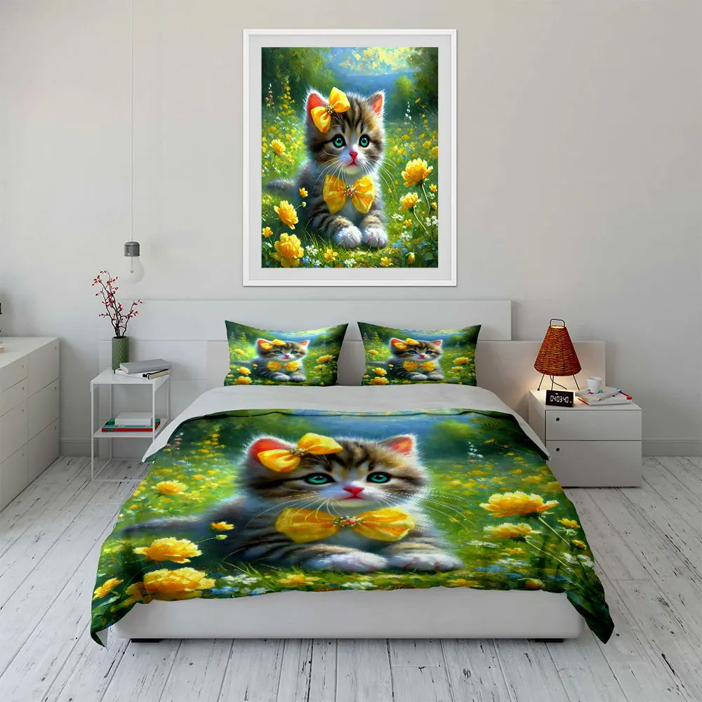 Adorable cat with bright yellow flowers Print Soft Comfortable Duvet Cover Bedding Set Included 1*Duvet Cover  2*Pillowcases