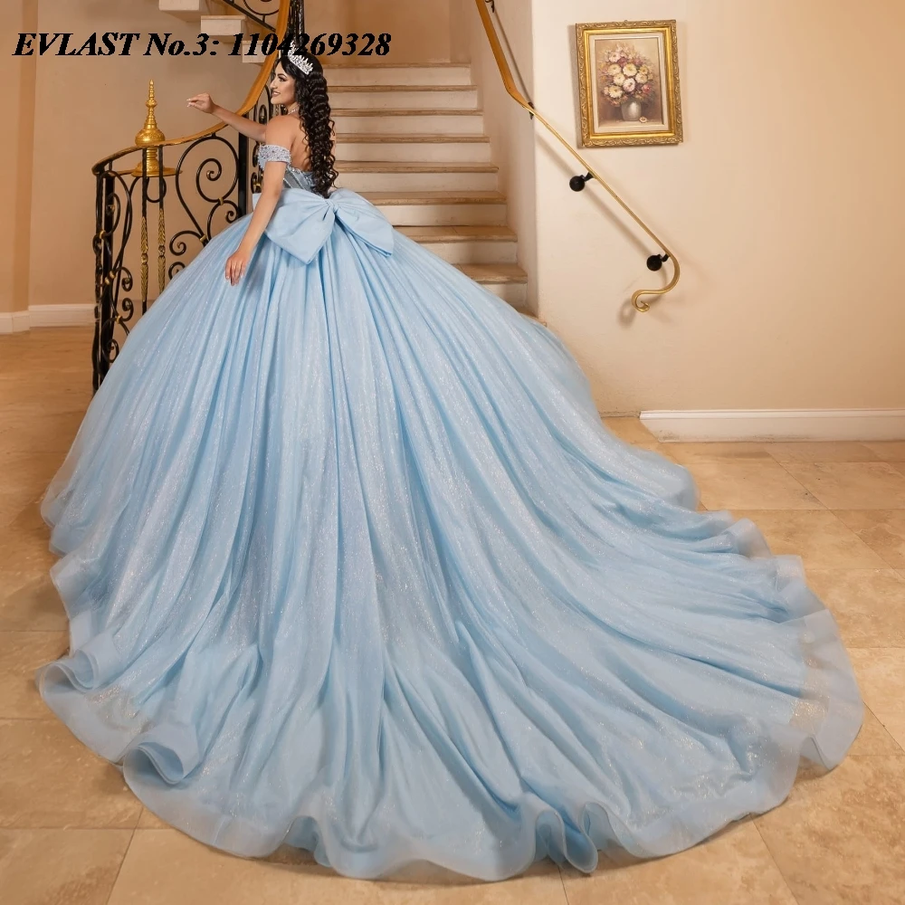 EVLAST Customized Glitter Blue Quinceanera Dress Ball Gown Crystal Beaded Mexico Bow Corset Sweet 16 Vestido De 15 Anos E3Q459