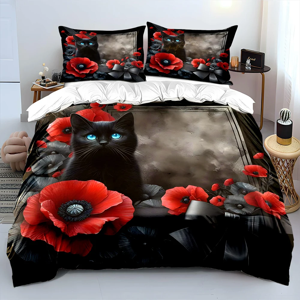 Black cat with red poppies print Bedding Set for Kids Luxury Gift 3pcs Digital Print Comforter Set Soft Comfortable Breathable