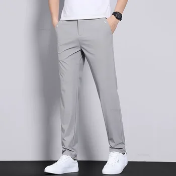 Ultra-thin Elastic Men's Casual Trousers Summer Quick-drying Ice Silk Slim Straight Business Solid Color Trousers Black Gray 2 Ultra-thin Elastic Men's Casual Trousers Summer Quick-drying Ice Silk Slim Straight Business Solid Color Trousers Black Gray 2