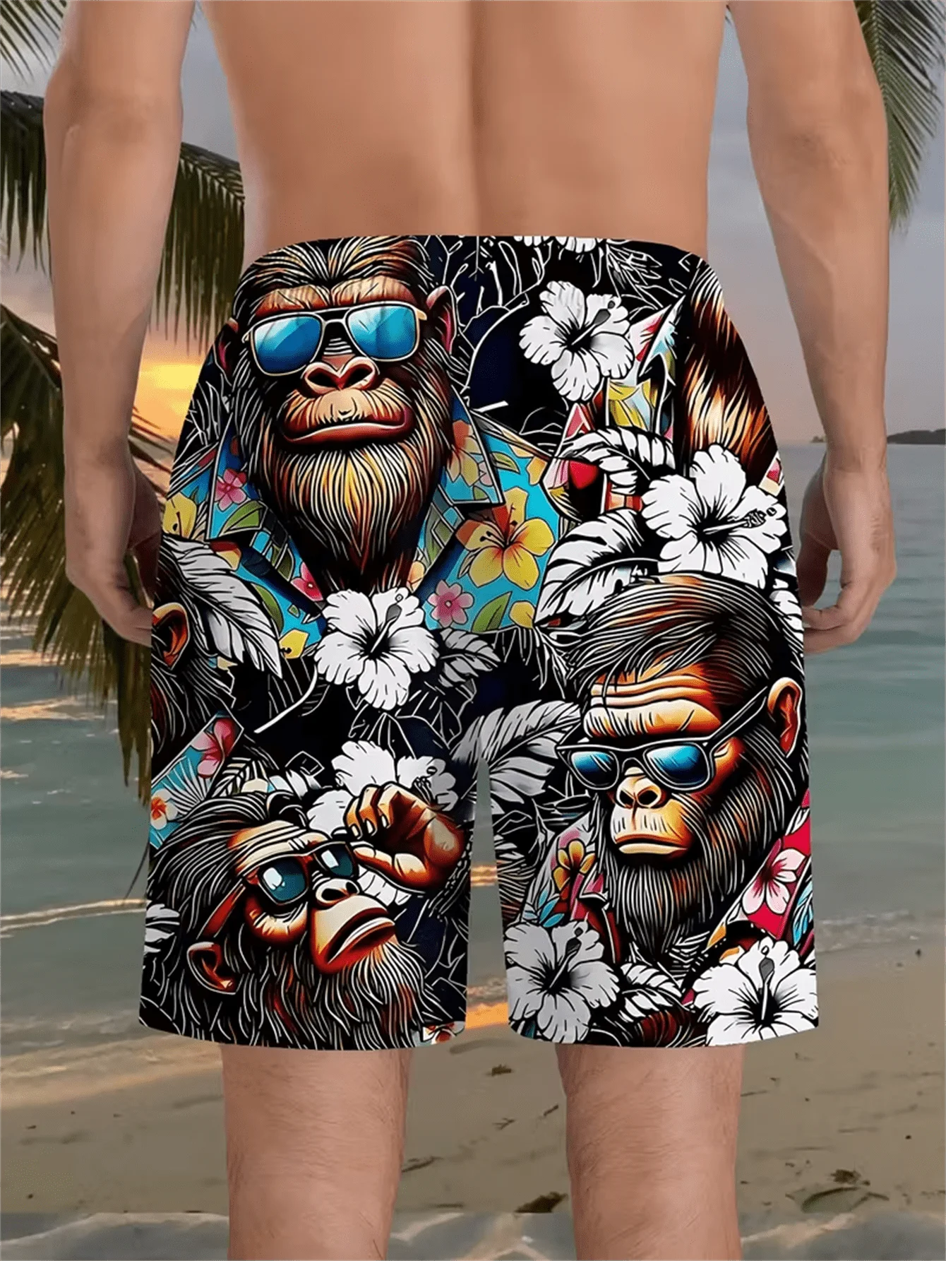 Men's 3D Gorilla Print Beach Shorts - Lightweight Polyester Drawstring Waist Casual Swim Trunks, Suitable For Summer, Golf, Fishing, Basketball, Gym And Outdoor Activities, Bold Graphic Design, Swimwear Shorts - view 4