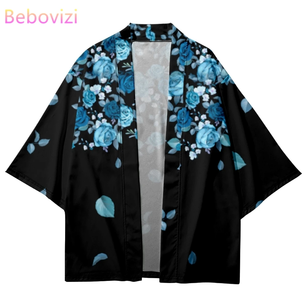 

Fashion New Design Blue Rose Flower Print Traditional Cardigan Tops Japanese Kimono Women Beach Yukata Streetwear Haori