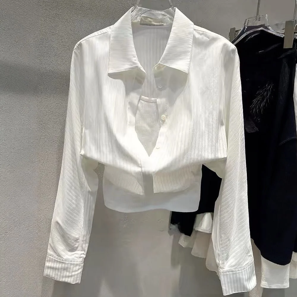 Casual White Long Sleeve  Collar Commute Style Shirt Simple Elegance Top High Intelligence Sensation Fake Two-Piece Design
