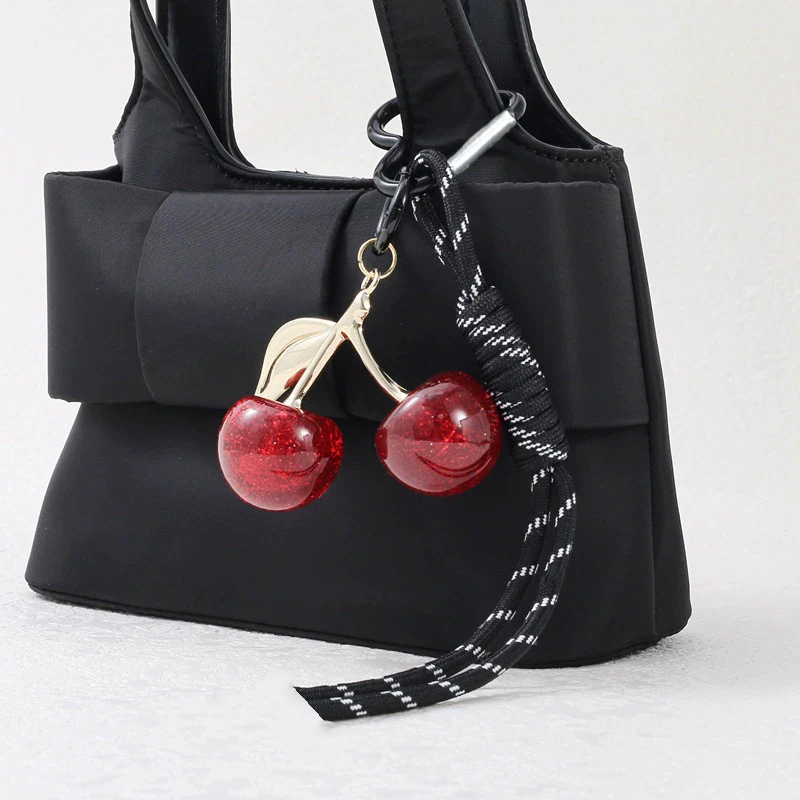 New In Pink Cherry Bag Charm Braided Rope Woman Fashionable Keychains For Bags Pendant Accessories Gift