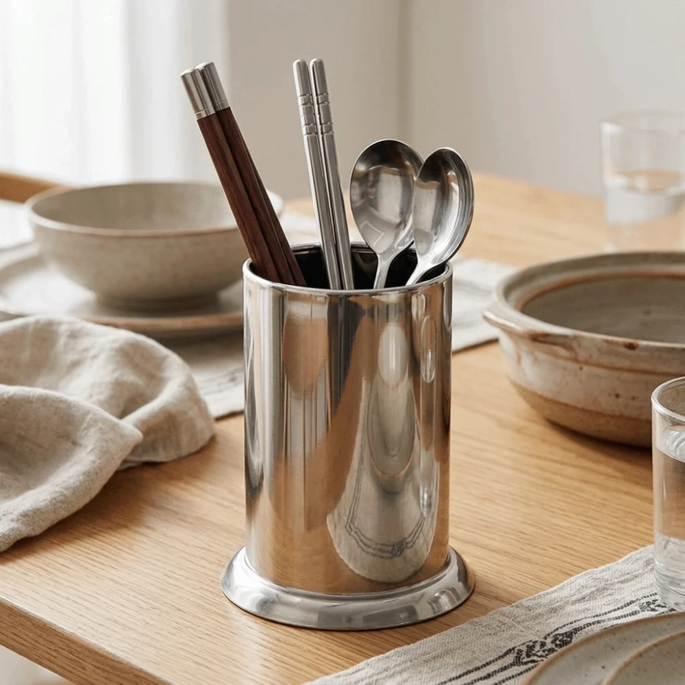 Rustless Steel Utensil Holder Vertical Storage Hollow Drain Hole Flatware Organizer Stable Base Polished Surface Storage Holder