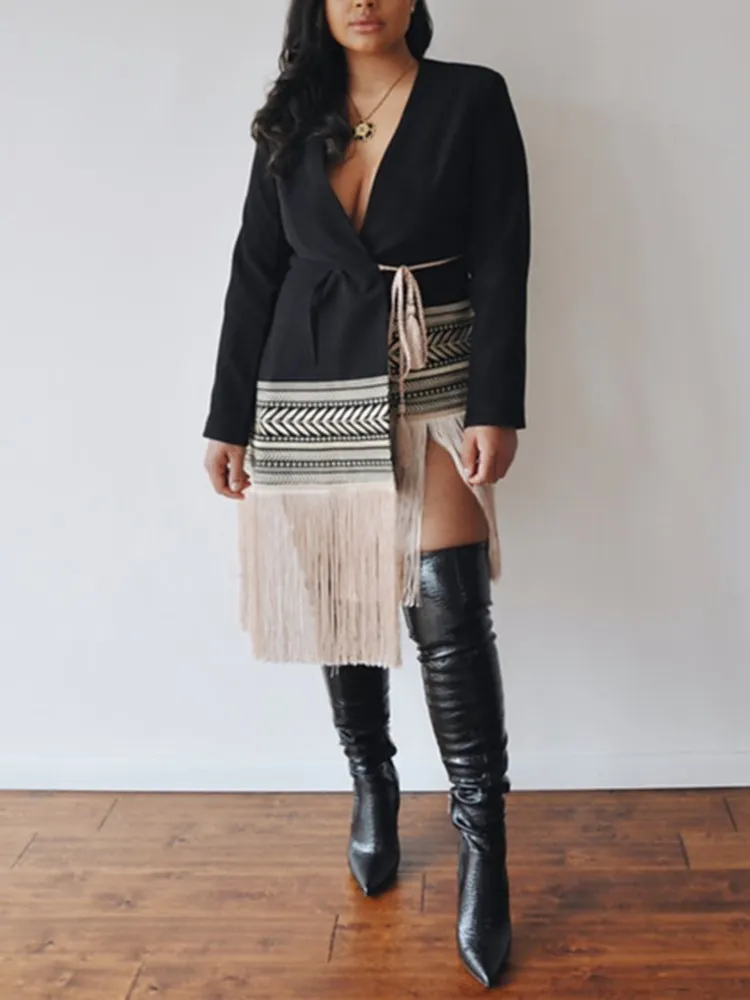 BPN Elegant Patchwork Tassel Blazers For Women V Neck Long Sleeve Hit Color Spliced Lace Up Casual Blazer Female Fashion Clothes