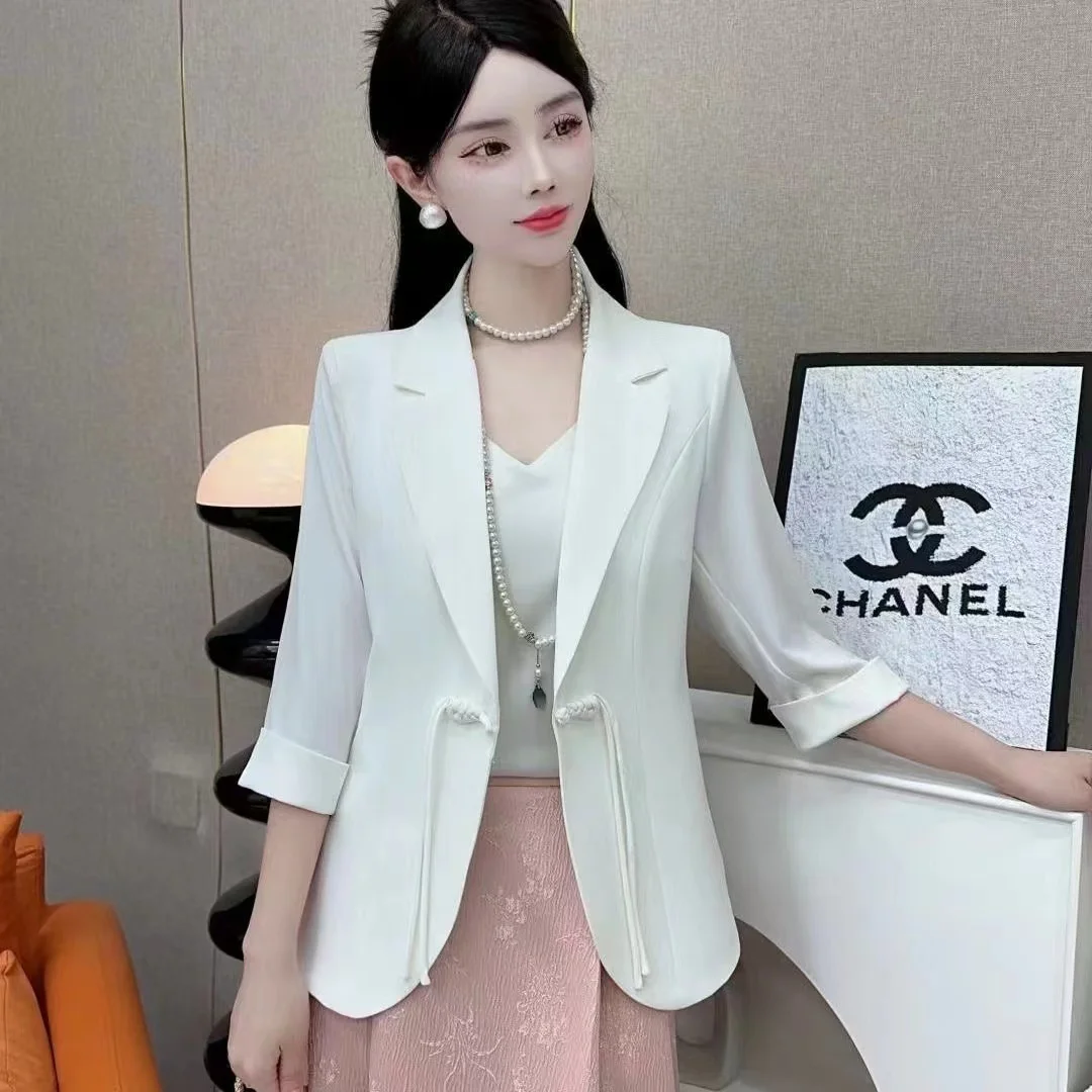 

Slim Fit Casual Chinese Button Design Seven Sve Women's Spring Summer New Sle Faionable Versatile Pure Color