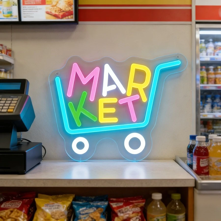 Shopping Cart Neon LED Sign USB Dimmable Wall Light for Convenience Store Cafe Market Stall Restaurant Opening Promotion Decor