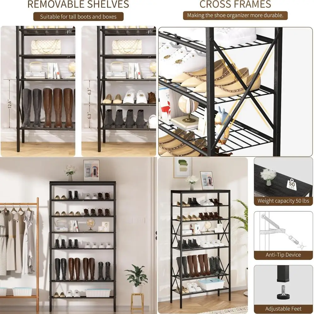 

Sturdy 8-Tier Shoe Organizer for 32 Pairs, Adjustable Metal Shelves, Ideal for Home Entryways and Closets