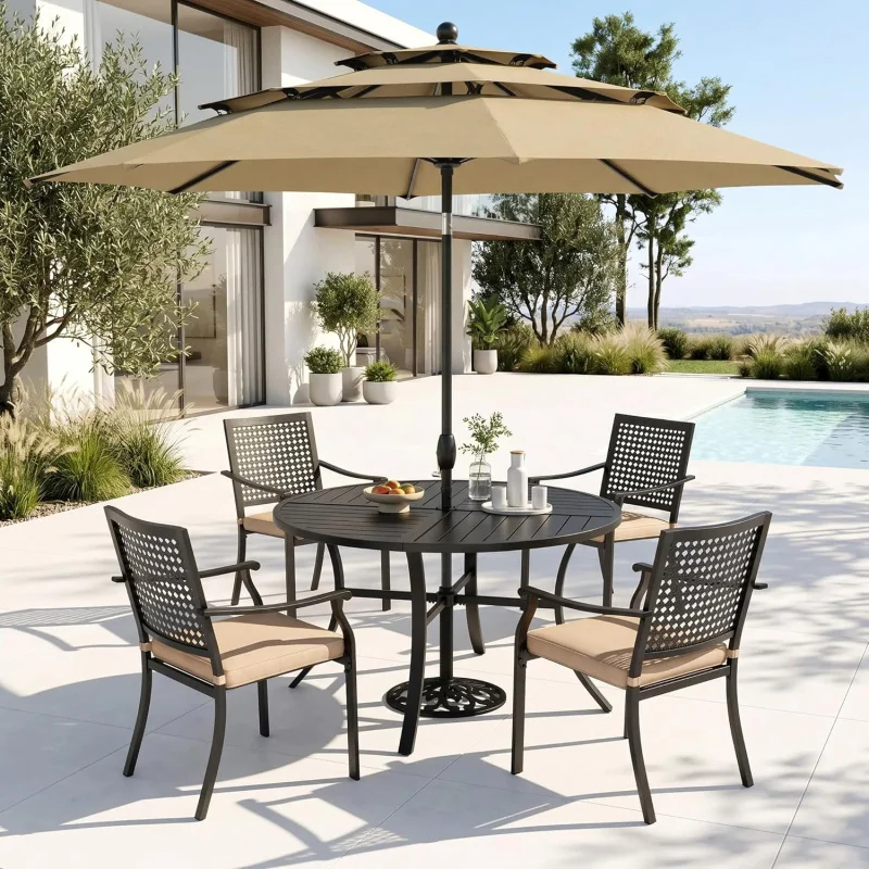 

5-Piece Outdoor Dining Set 4 with 10ft Beige, 42 Steel Round Table & Stackable Cushioned Iron Chairs, Patio/De