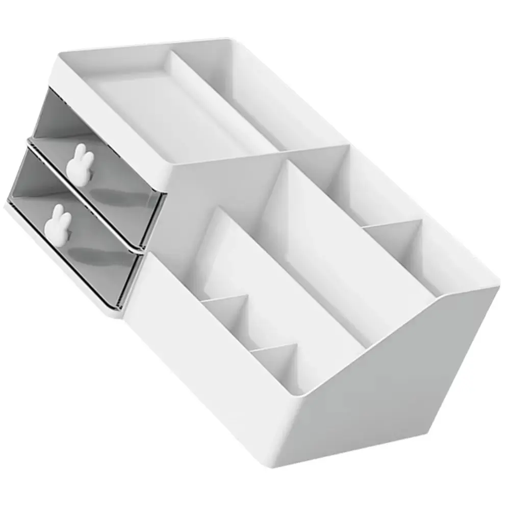 

10 Compartments Desktop Stationery Storage Box 2 Drawers Cute Bunny Makeup Storage Case Large Capacity Decorative