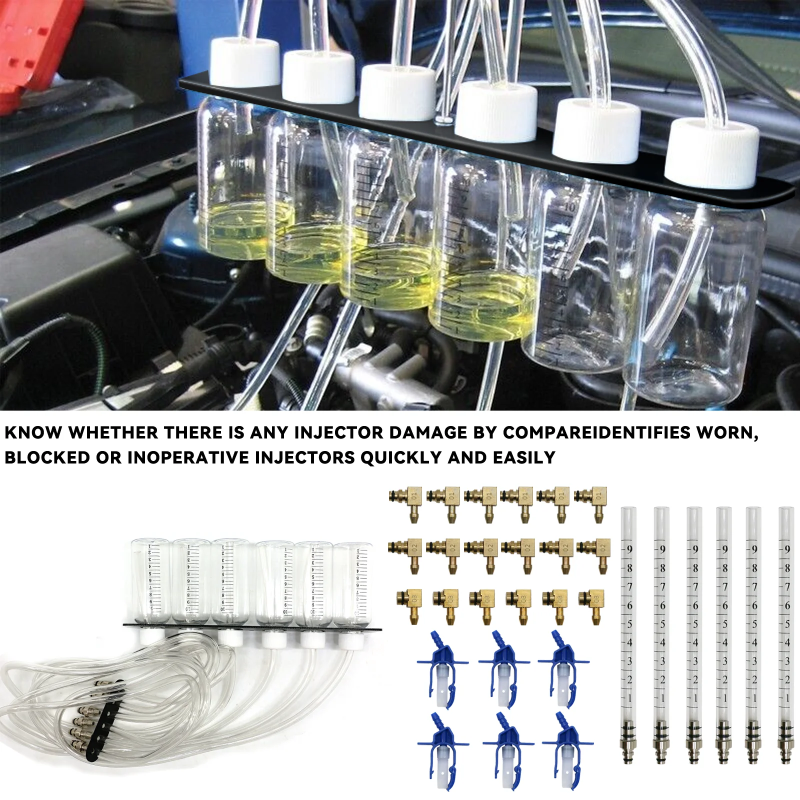 6 Cylinder Common Rail Diesel Injector Flow Meter Test Kit Fuel Injector Leak Diagnosis Test Tool with Adapters
