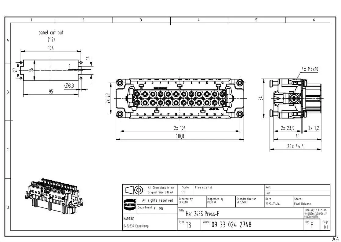 09330242748 HARTING 24-pin female HAN 24 ES PRESS-F Heavy Duty connector