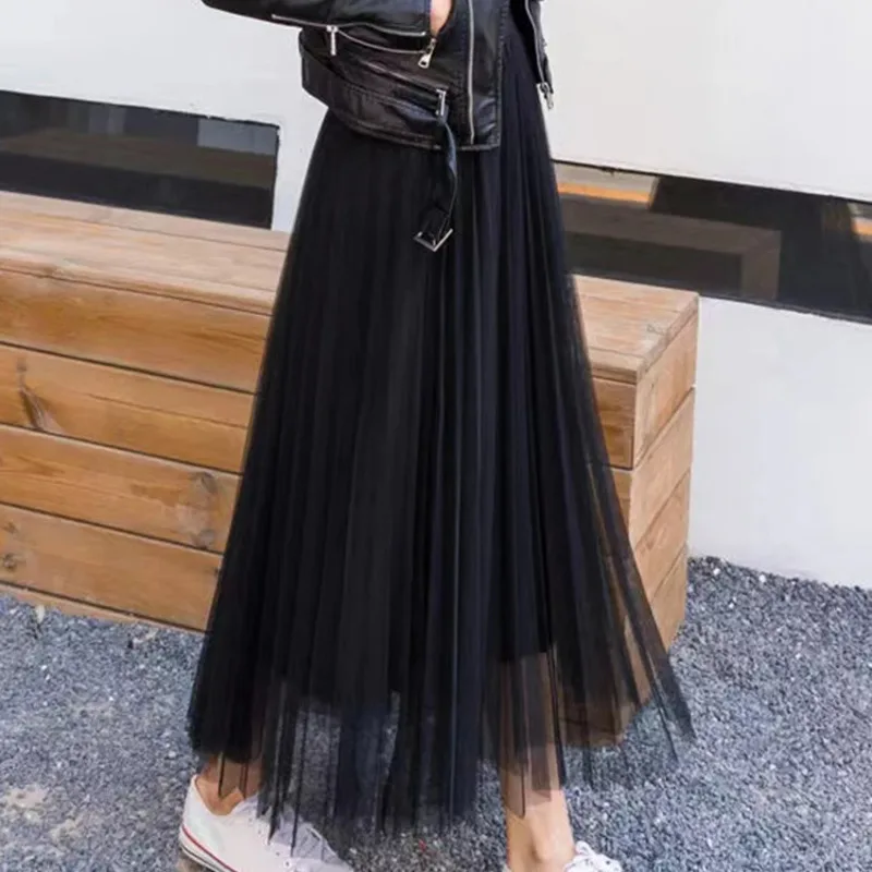 ZOKI donne eleganti Tulle moda coreana maglia bianca una linea signore gonna A pieghe estate Chic vita alta nero partito Faldas