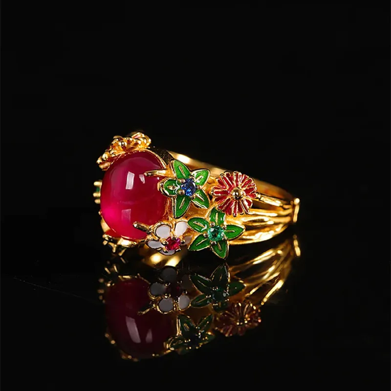 

So Pretty HOT PINK Corundum Rings for Women Gilded 925 Sterling Silver Enamel Colorful Flowers Ring Island Style Exotic Jewelry