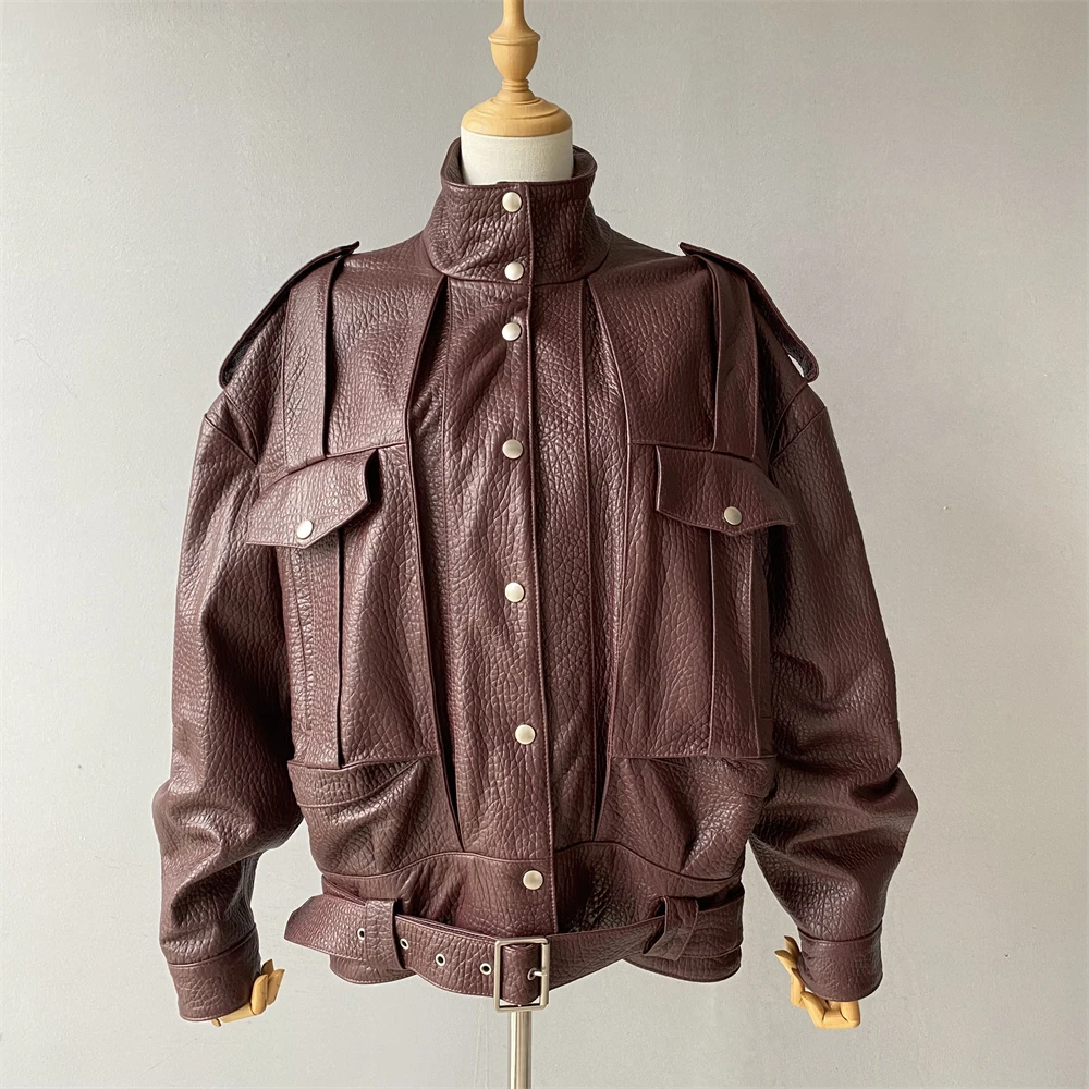 

Jxwatcher кожаная куртка из овчины для женщин, осень 2022, Новое поступление, кожаное пальто с пузырьками, женские свободные куртки с длинными рукавами и лацканами