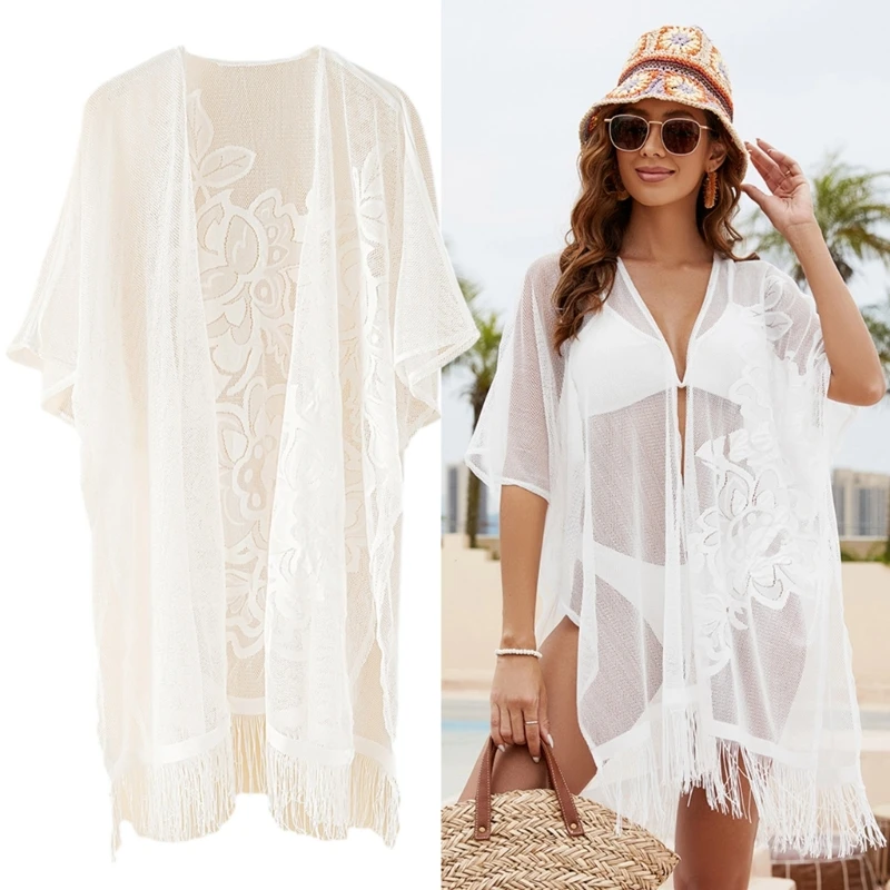 Womens Short Sleeve Beachwear Sheer Lace Kimono Cardigan Solid Color Casual Loose Capes-Beach Blouse-Summer Cover-Ups Dropship