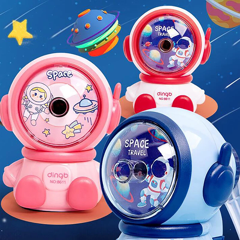 Apontador de lápis automático dos desenhos animados, Apontador bonito forma astronauta, Papelaria de aprendizagem infantil, estudante, 1pc