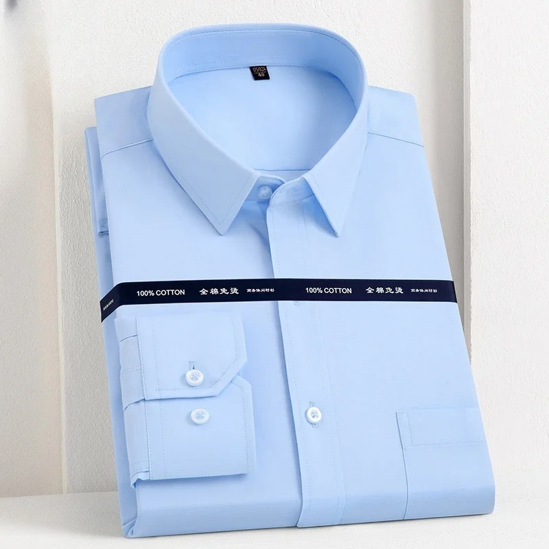 100%Cotton Men Dress Long Sleeve Shirt Solid Male Plus Size Regular Fit Business Social Office Shirt White Blue Men's Clothing