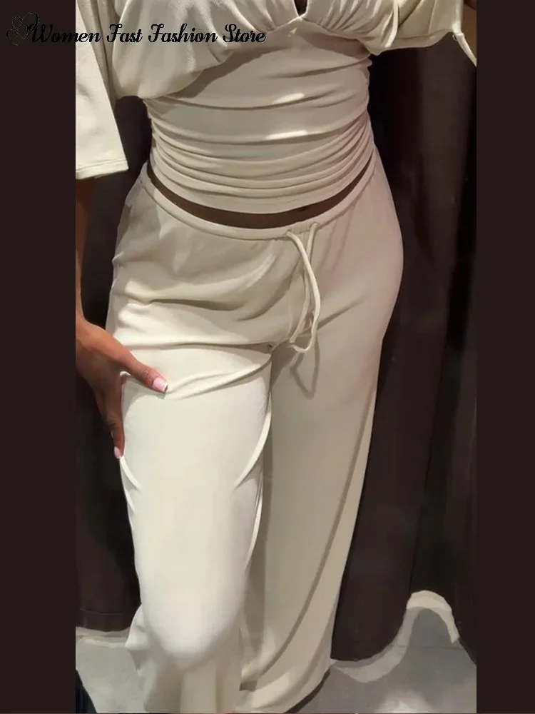 Slim Pleated Cascading Shirt Trousers Set 2026 New Lady Sexy V-neck Half Sleeve Waist-cinching Top Lace-up Pants Women's Outfits