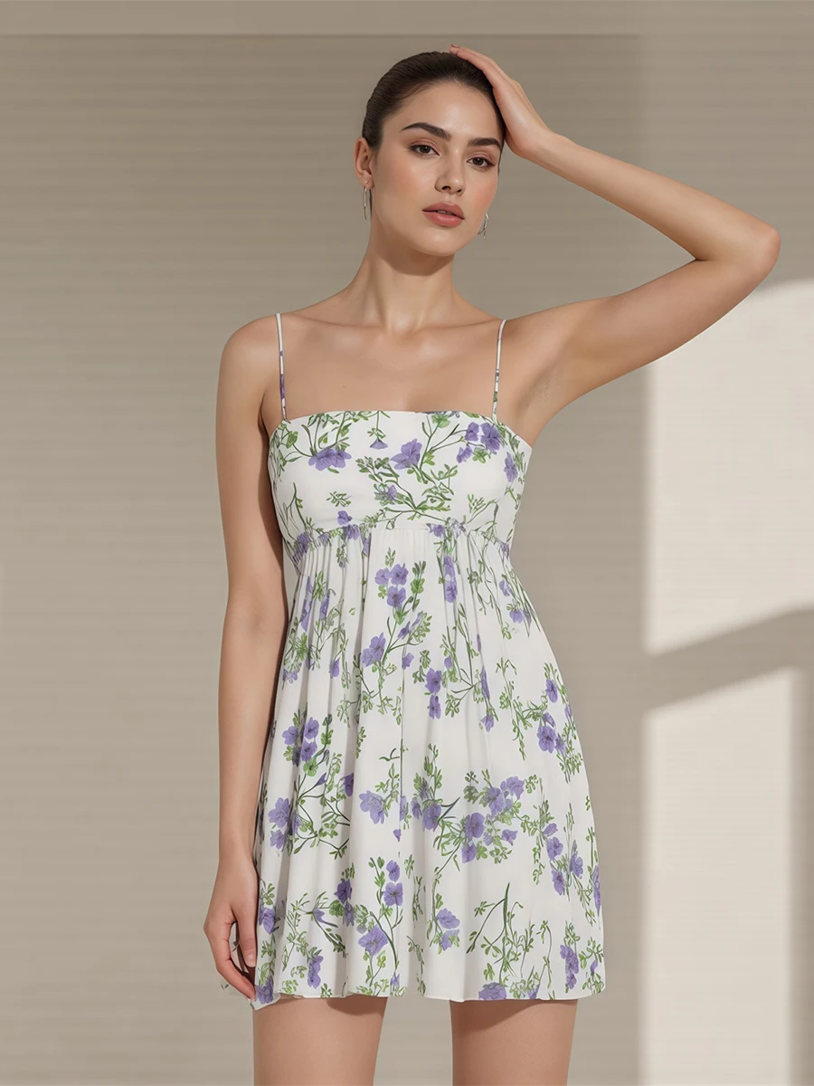 New Fashion Womens Summer Mini Cami Dress Sleeveless Open Back Solid Color Floral Spaghetti Strap Dress Hot Sale S M L