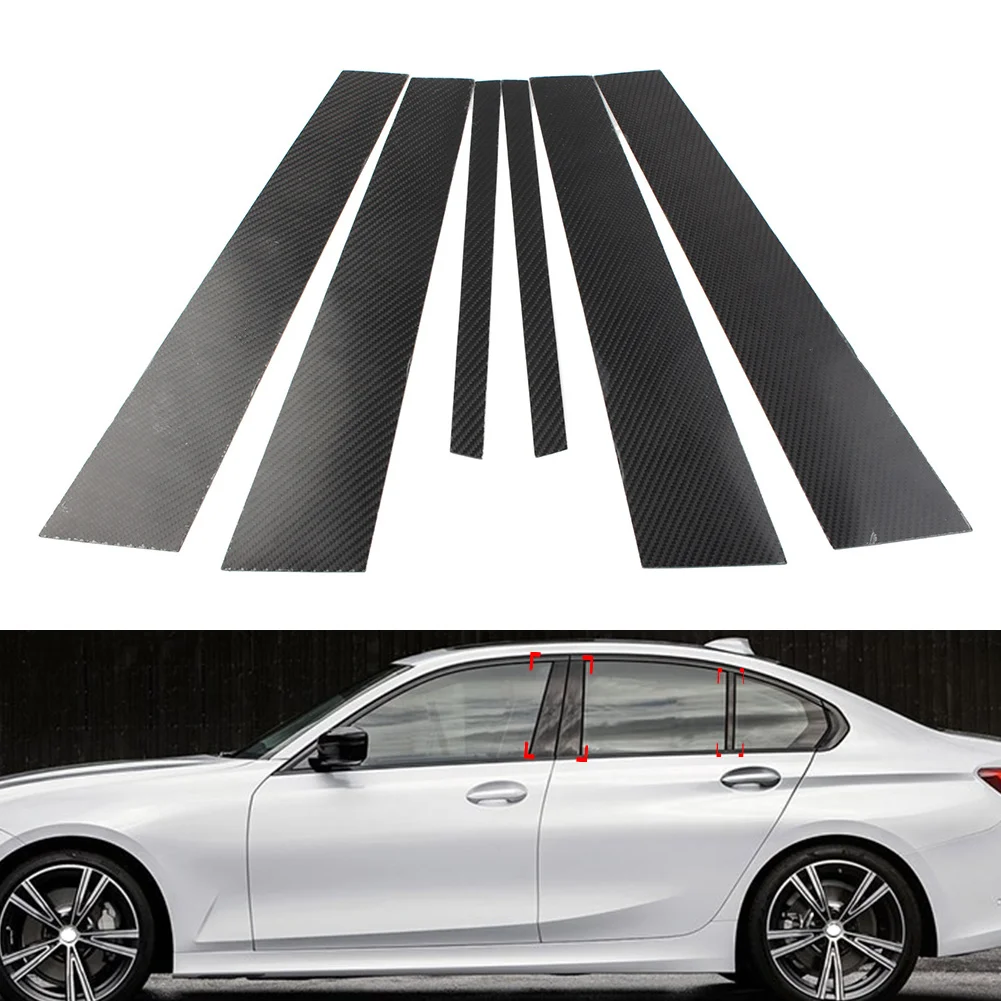 6Pcs Carbon Fiber Car Exterior Door Window B Pillar Post Cover Trim For BMW 3 Series G20 325Li 330d 335 2019 2020