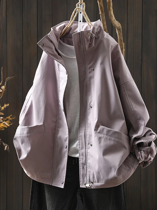 Unique Beautiful Early Autumn Women's Jacket 2026 New Pure Color Double Pocket Loose Casual Stand Collar Commute Style