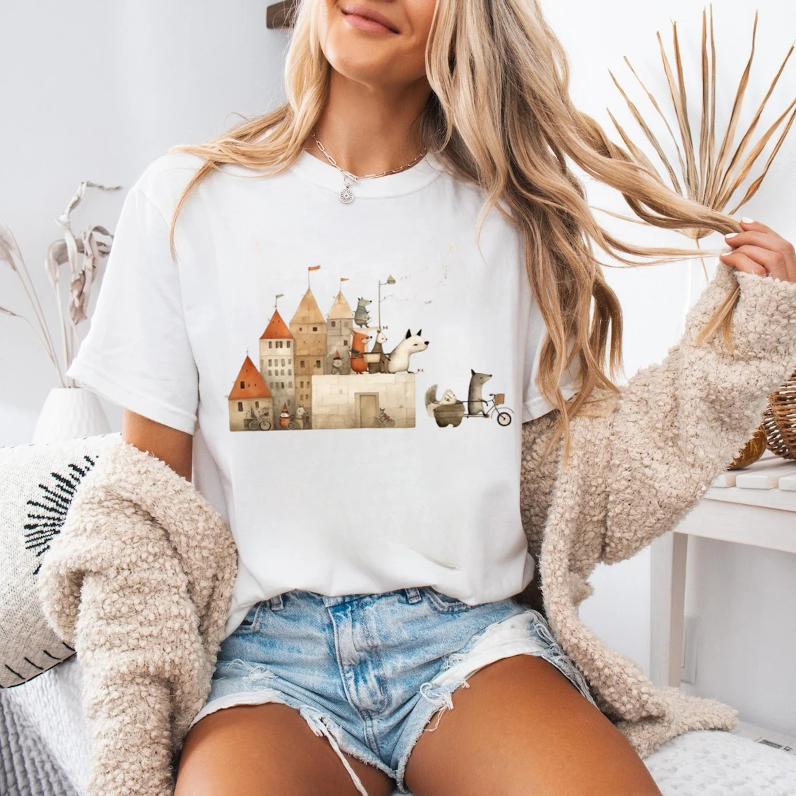 Medieval Castle Animal Graphic T-Shirt Women's Short Sleeve Top Casual Fashion Printed Vintage Style Cartoon White T-Shirt