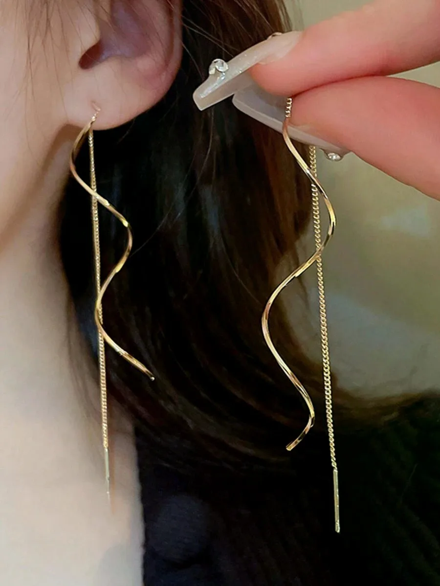 1pair Gold-Tone Twist Geometric Threader Earrings Elegant Party.Valentine's Day Accessories