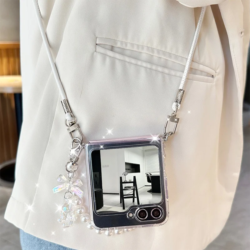 For Samsung Z Flip6 Flip5 Case Soft Silicone Clear Phone Case For Samsung Galaxy Z Flip6 Z Flip5 Cover With Pearl Hand Strap