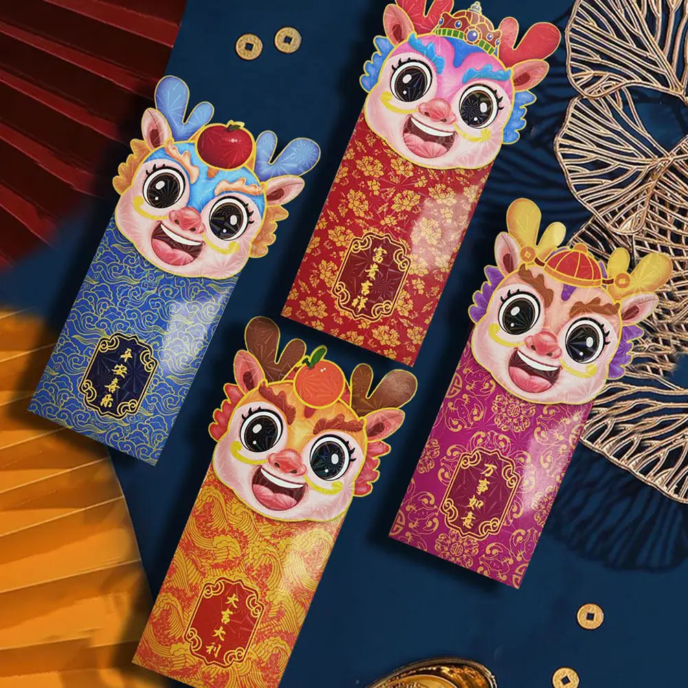 

12 шт. красных конвертов с китайскими драконами, бумажные мешочки для денег, креативный мультяшный стиль, подарки на Лунный Новый год 2024, денежные подарки на удачу