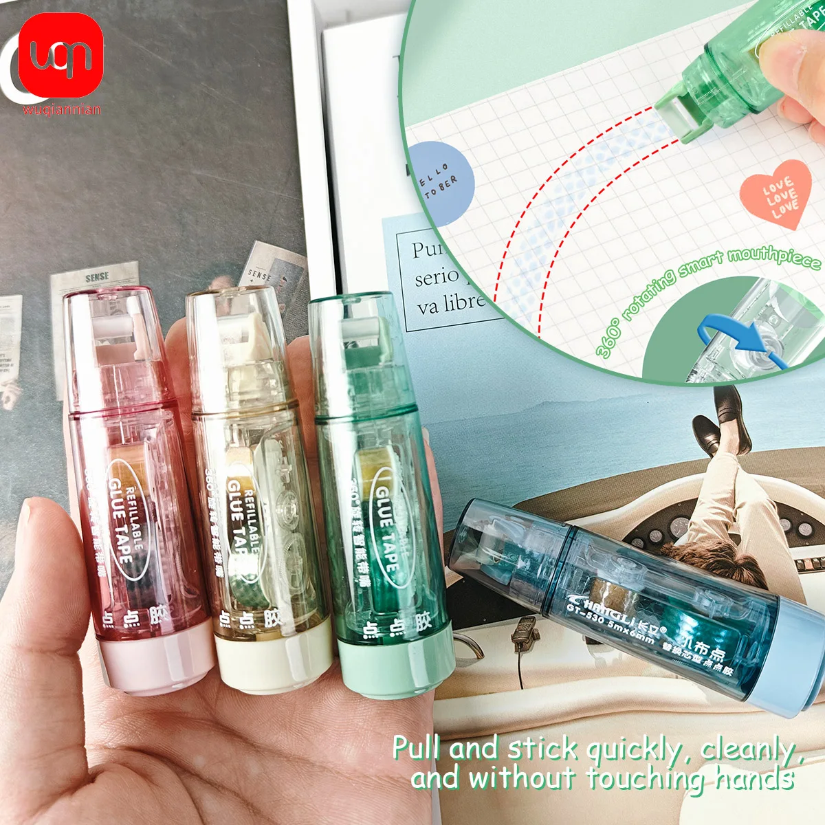 WQN 1 قطعة + 1 مجموعة بديلة. قلم غراء مدبب على الوجهين مع 360 درجة ° رأس دوار، ألوان عشوائية، صنبور لاصق عالي الجودة #3