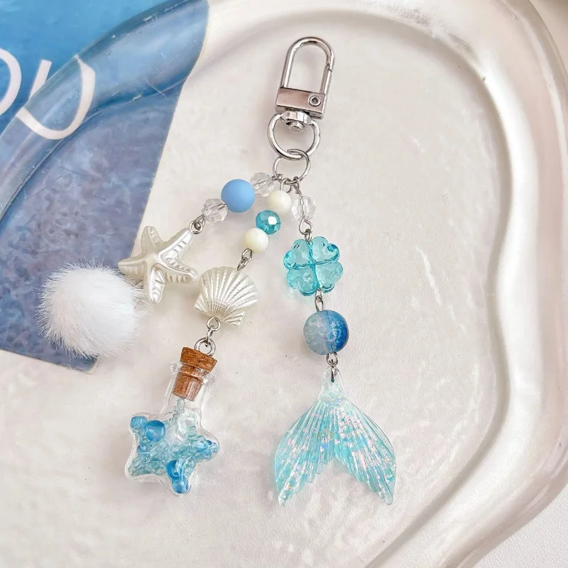 Minimalist Ocean Drifting Bottle Shaped Plush Keychain Blue Five Pointed Star Backpack Pendant Couple Phone Chain Car Decoration