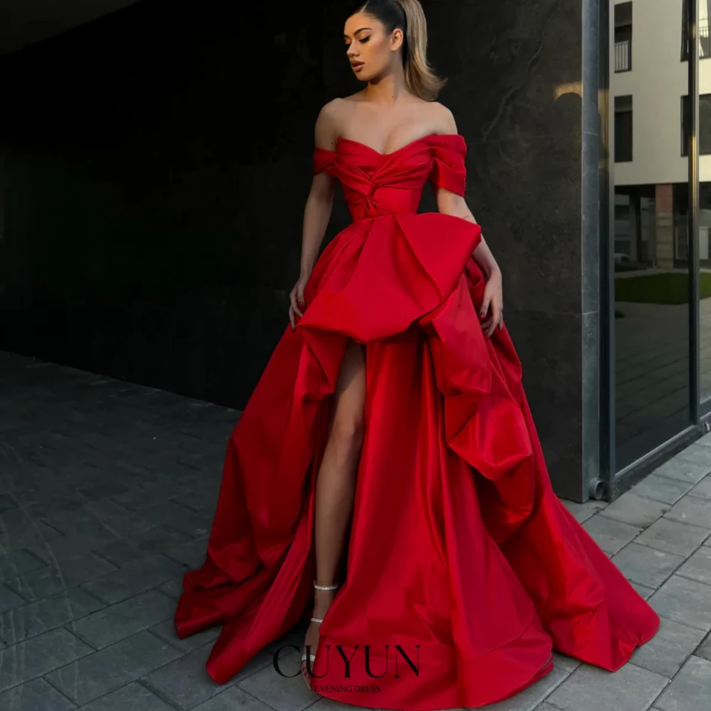 

CUYUN Red Luxury Women Evening Gown Off the Shoulder High Slit Gorgeous Prom Gown Customized Hi-Lo Party Dresses for Women