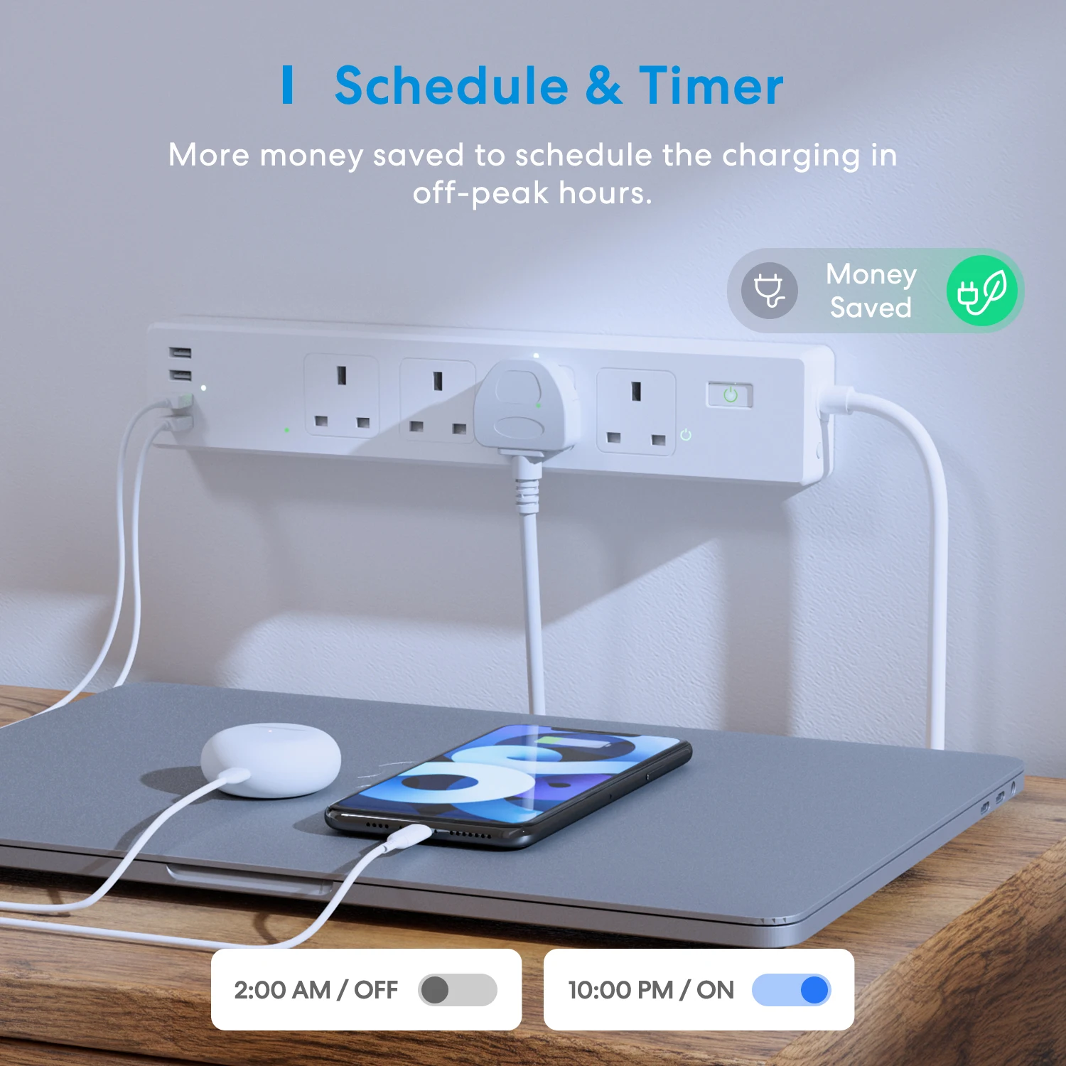 Meross HomeKit Smart Power Strip WiFi Socket Extension UK Outlet with 4 Sockets 4 USB Ports Work with Alexa Google SmartThings