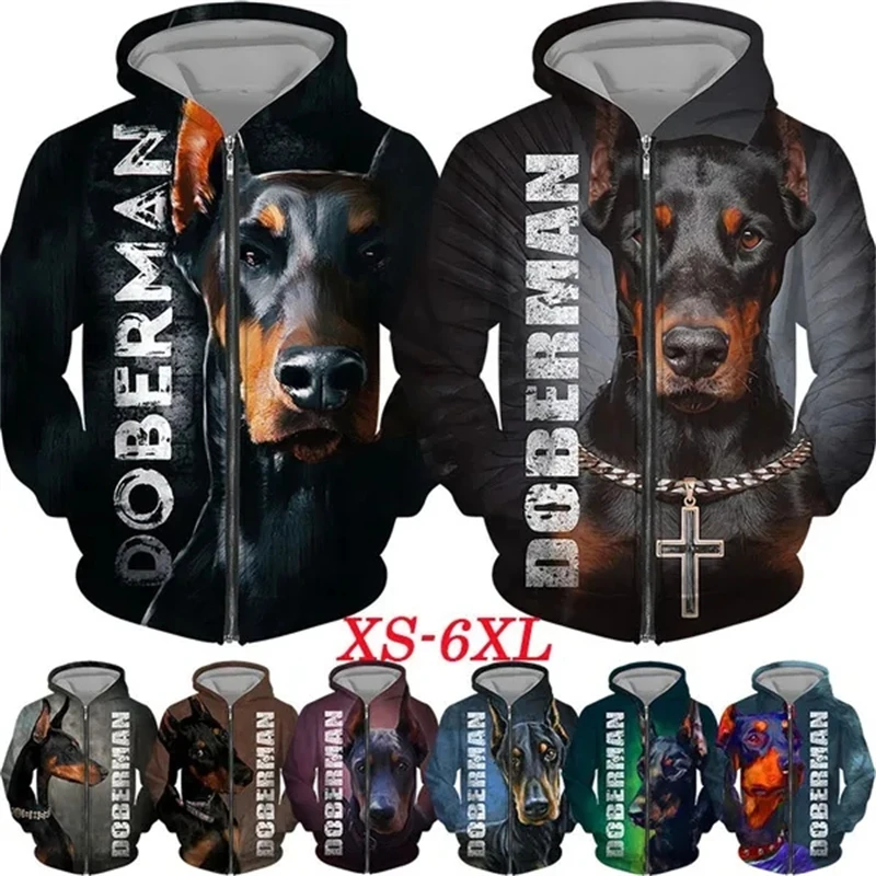 3D Print Doberman Zip-Up Hoodie Men's Streetwear Sweatshirt
