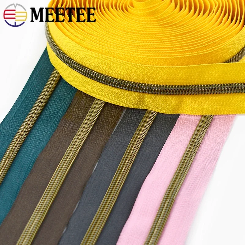 Meetee 5/10/20/30Meters 5# Nylon Zipper Tapes Colorful Open-End Zips Bronze Teeth Bag Clothes Cabbage Zippers Sewing Accessories