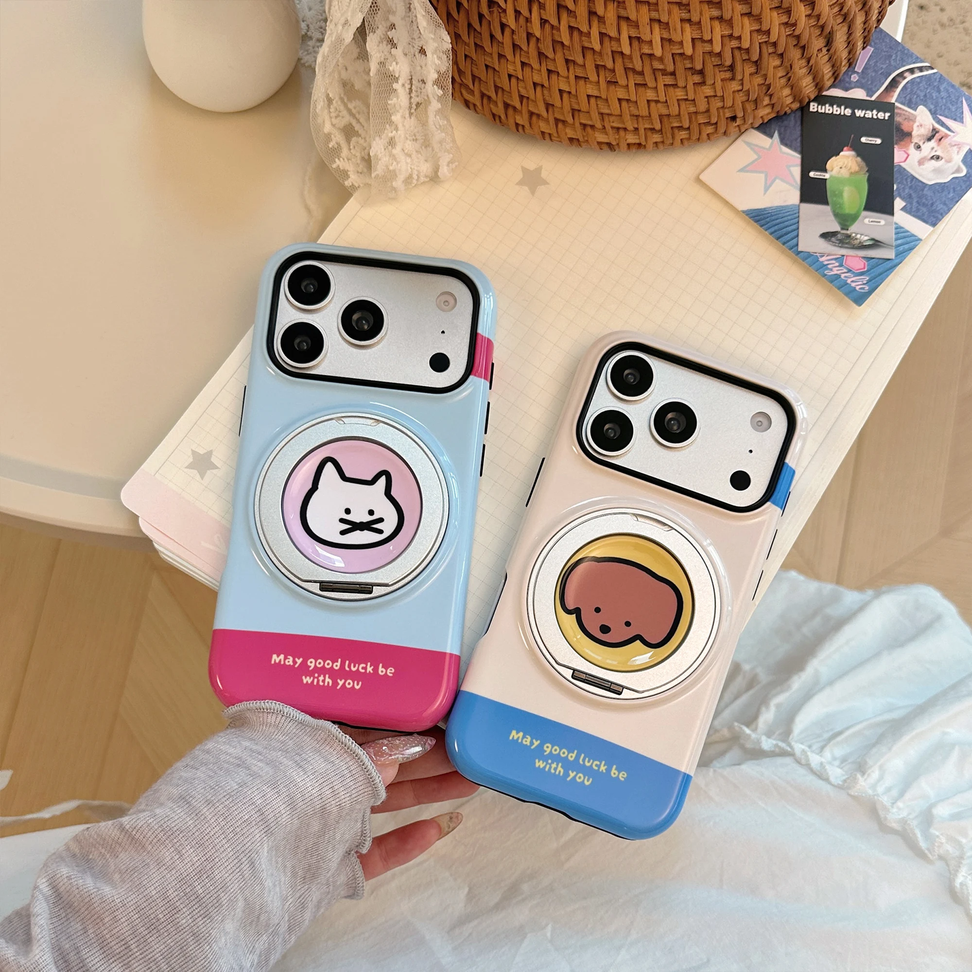 2 in 1 Letters Pattern White Purple Blue Glossy Cover Case For iPhone 17 16 15 14 13 Pro Max with 360° Rotation Animals Holder view 4