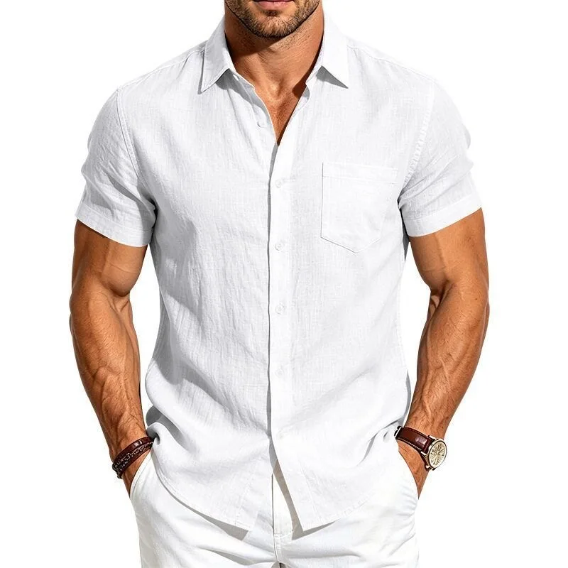 Retro Casual Short Sleeve Button down Loose Lightweight Comfortable Business Half Sleeve Shirt for Men Breathable Cotton Line...