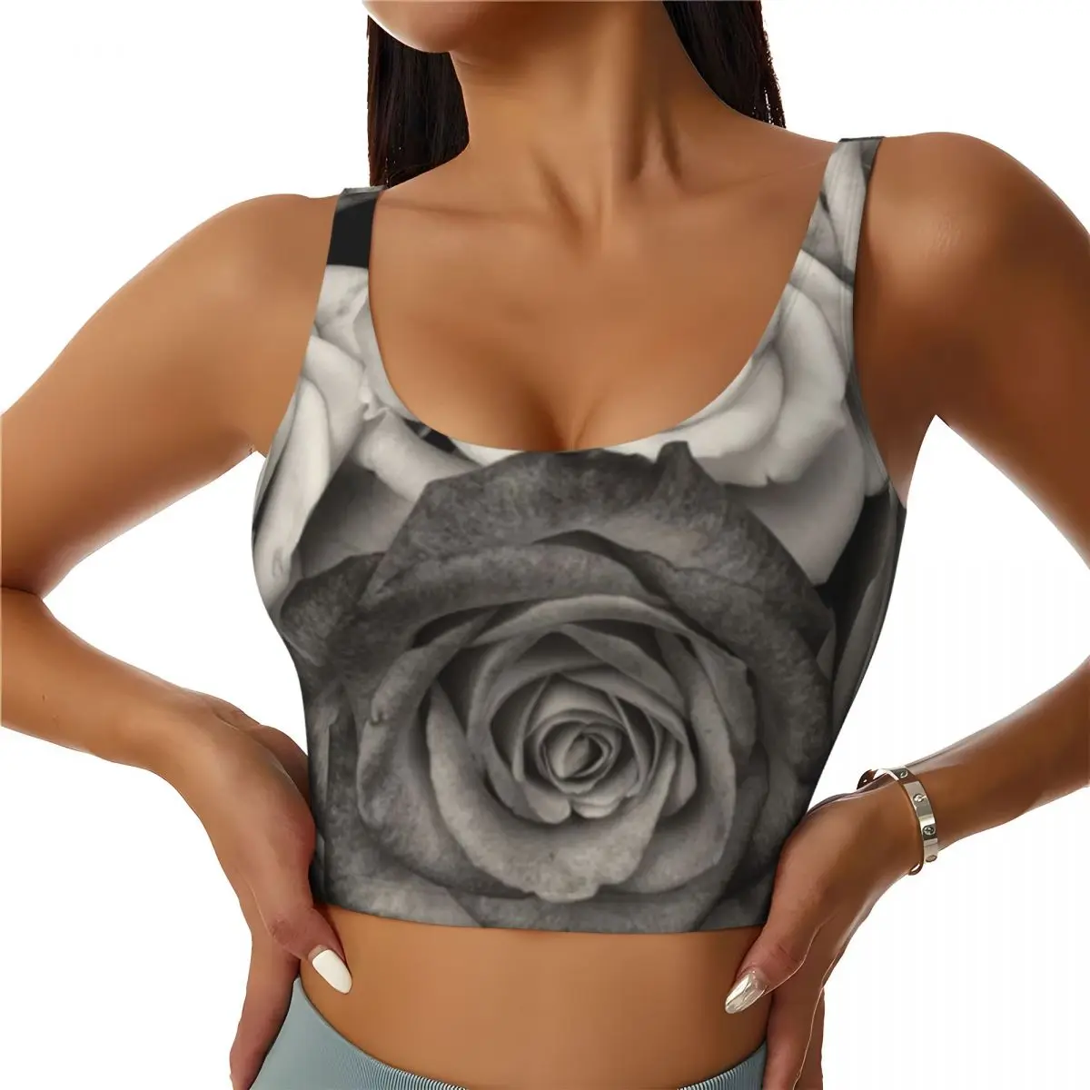 Cutout Fitness Top Black And White Rose Bouquet Water Sports Activity Everyday Active Top