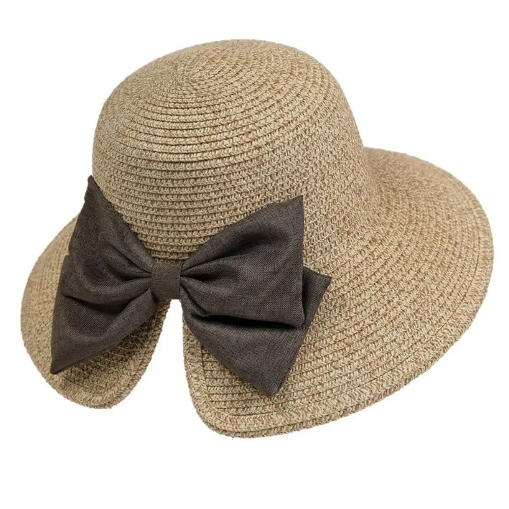 Foldable Women Sun Hat Wide Brim Back Split Bow-knot Summer Beach Sun Hat UV Protection Breathable Women's Straw Panama Hat