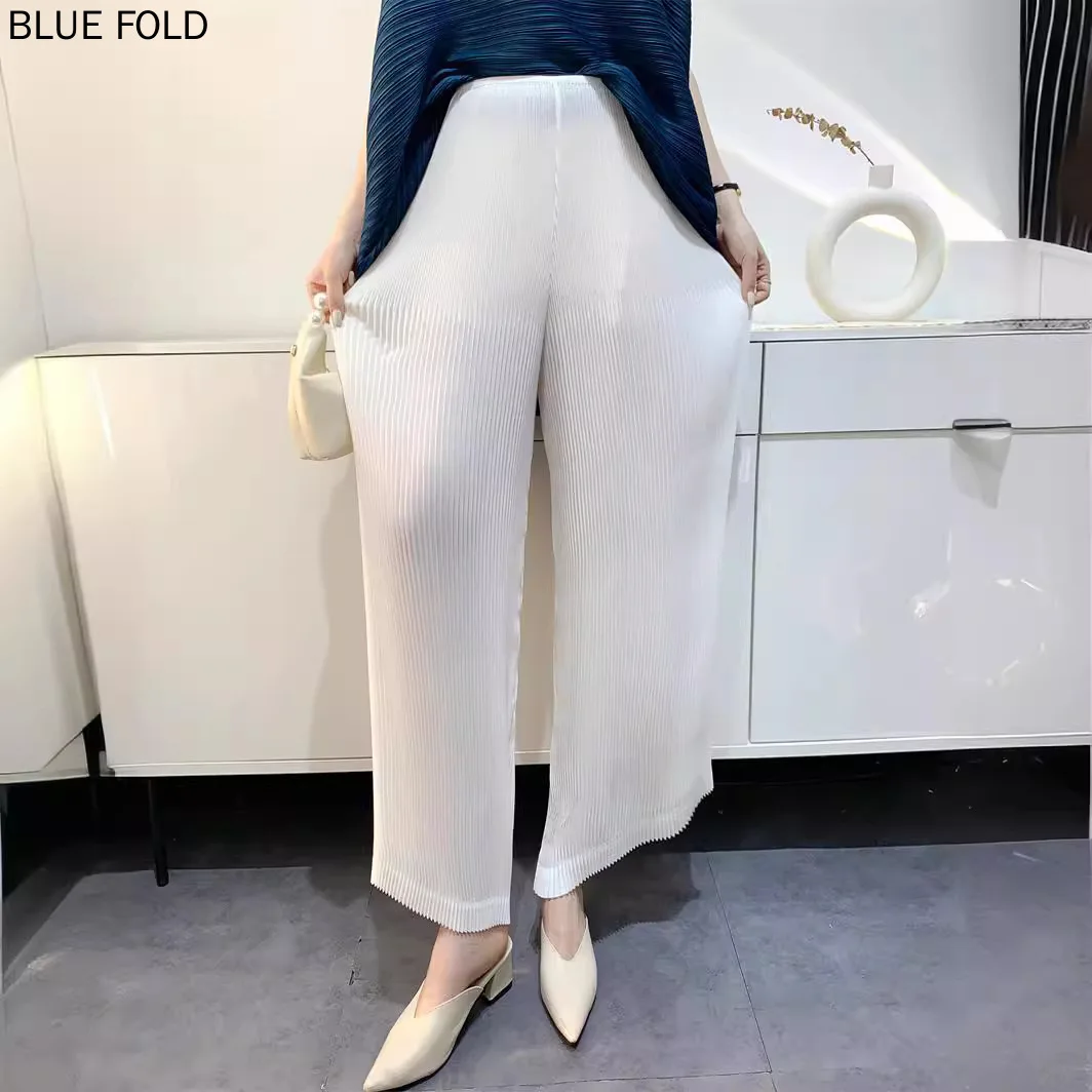 MIYAKE-Pleated Straight Pants for Women, Comfortable and Casual Trousers, High Waisted, Toothpick, Summer