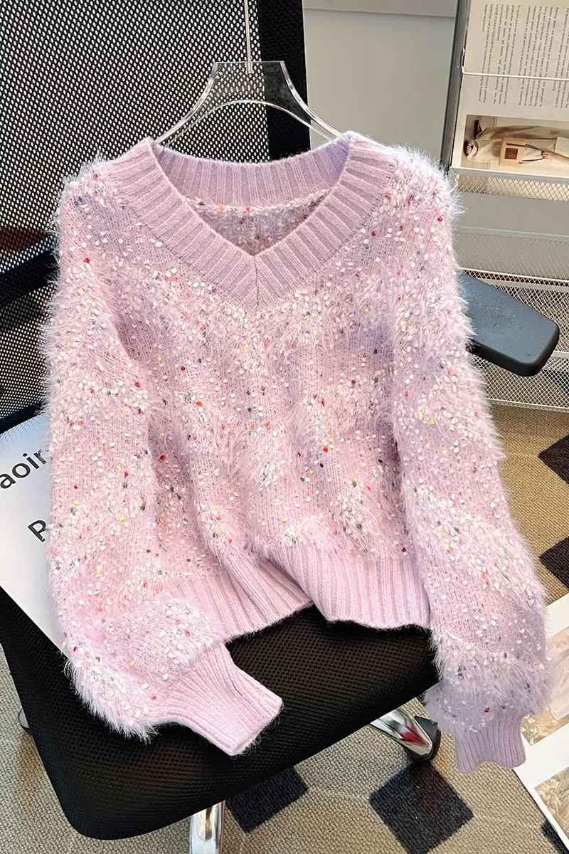 2024 Autumn and Winter  New Europe Style Popular Beautiful Colorful Polka Dot V-neck Sweater Loose Short Top for Women