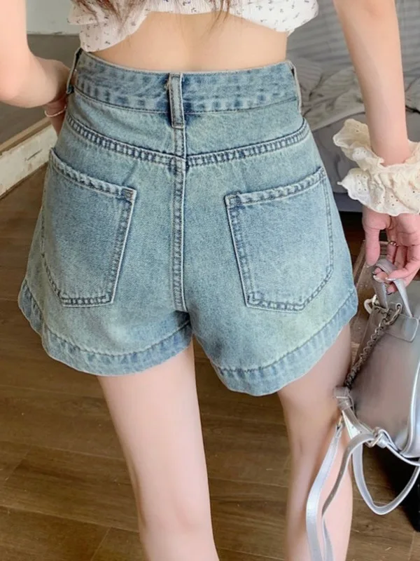 

Женские джинсовые шорты с высокой талией, А-силуэт, модные, с эффектом потертости, утягивающие, с широкими штанинами, трендовые, осенняя новинка