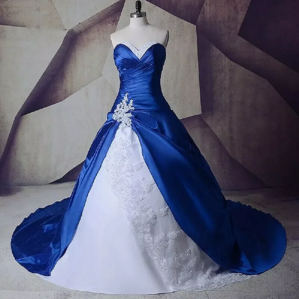 

MANRUIXIN Customized White And Royal Blue Satin Wedding Dress Sweetheart Ruched Lace-Up Long Bridal Gowns Vestidos De
