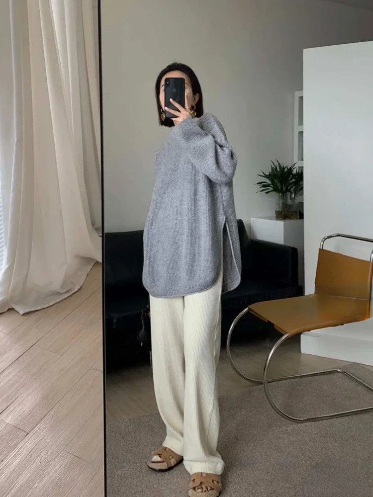 Vintage Sweater Side Fork Thick Loose Middle and Long Oversize Sweater Woman O-Neck Autumn and Winter Fashion Knitted Pullover