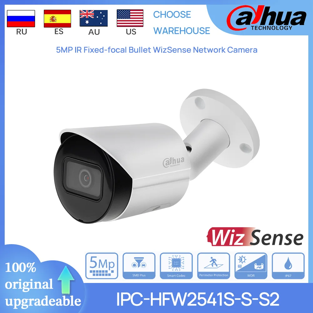 Dahua 오리지널 IPC-HFW2541S-S-S2 IR 고정 초점 총알, WizSense POE 네트워크 IP 카메라, 스마트 검색, 주변 보호, IP67, 5MP