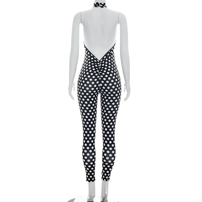 Polka-Dot-Print Jumpsuit für Damen, 1-teiliger Playsuit, Sexy Trendiger Rückenfreier Ärmelloser Neckholder-Romper mit Cut-Outs, Figurbetonter Coquette Midnight Club Einteiler – Detail 8