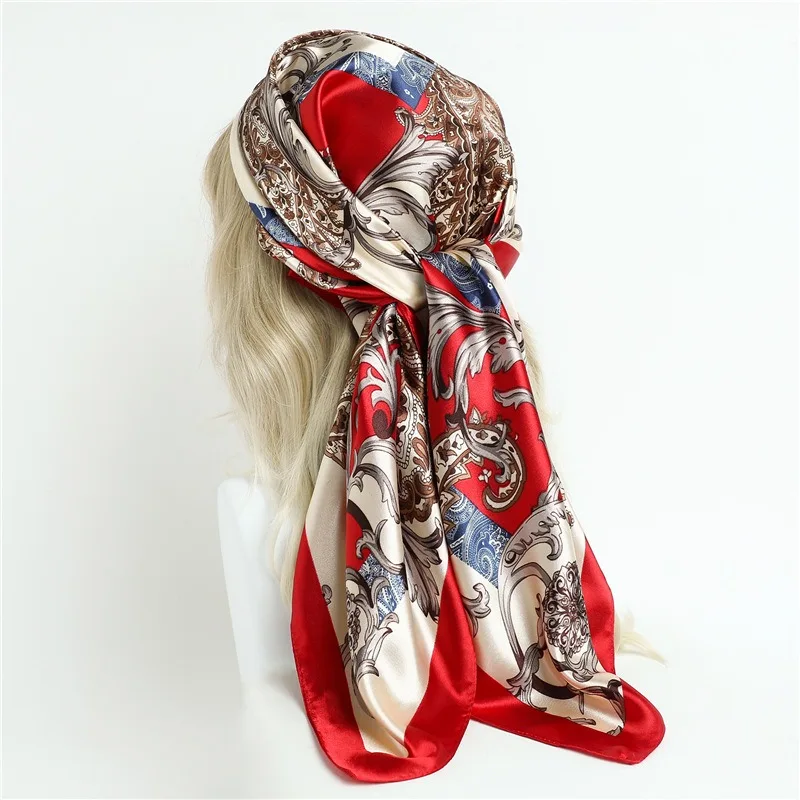 90*90 سنتيمتر المرأة وشاح حريري Foulard En الساتان الفاخرة وشاح حريري منديل محفظة الحرير مربع وشاح SJ02